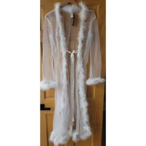 Sheer White Robe With Faux Fur Trim & Waist Tie